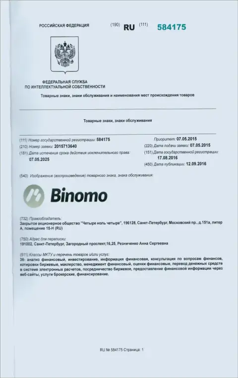 Представление товарного знака Биномо в Российской Федерации и его обладатель