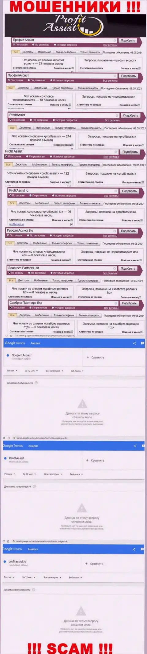 Запросы по бренду мошенников Profit Assist в поисковиках сети internet