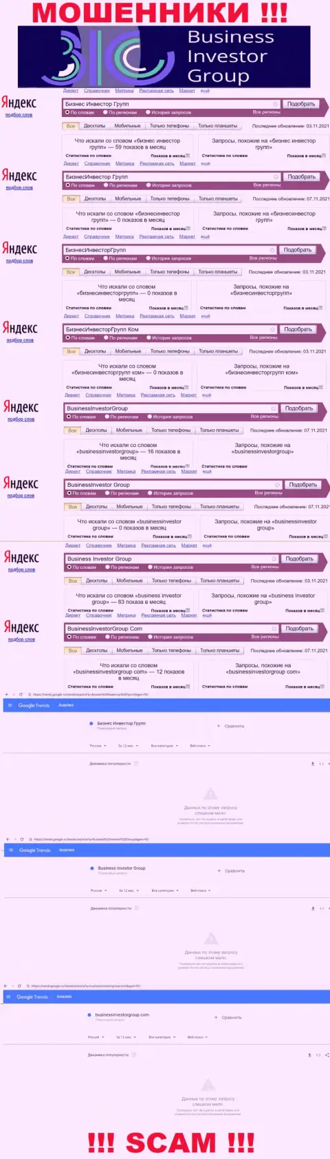 Детальный анализ количества онлайн-запросов в поисковиках всемирной сети по аферистам Business Investor Group