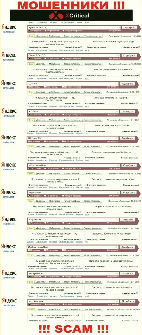 Вот такое количество поисковых запросов в сети интернет по обманщикам XCritical