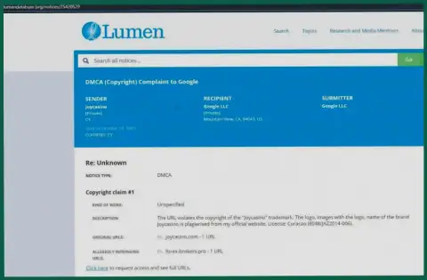 Жалоба мошенников ДжойКазино в сервис lumendatabase org