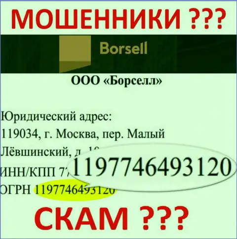 Номер регистрации жульнической конторы Borsell Ru - 1197746493120