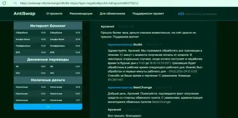 Результат оказания услуг отдела технической поддержки онлайн-обменника BTCBit в информации, предложенной на сайте antiswap info