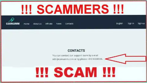 Coinumm phone number is listed on the swindlers website