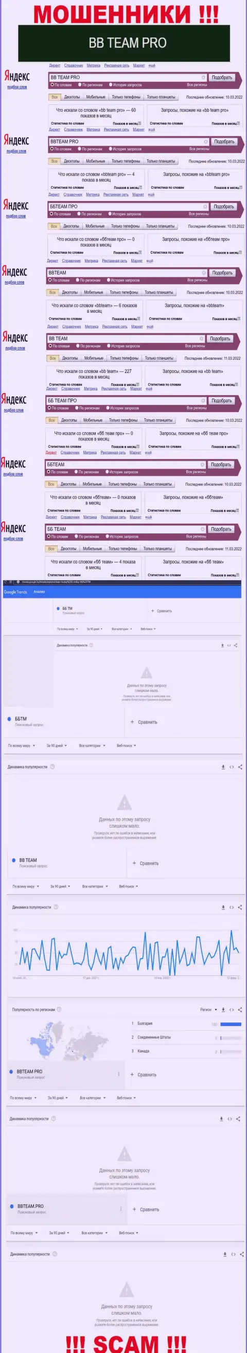 Аналитика запросов, касательно аферистов BB TEAM PRO, в интернете