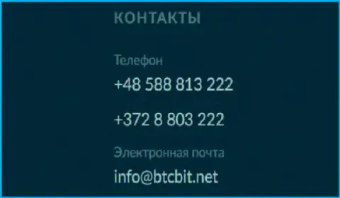 Номера телефонов и почта криптовалютной онлайн-обменки BTCBit
