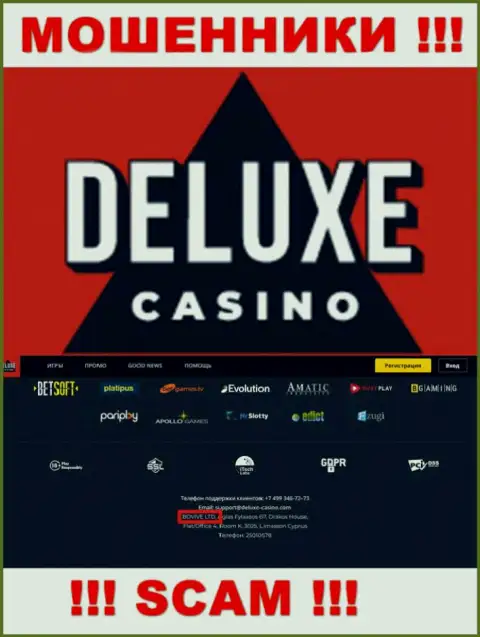 Сведения о юр. лице Deluxe Casino на их официальном web-сервисе имеются это БОВИВЕ ЛТД